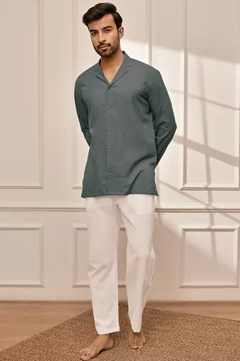 Sage green cotton short kurta with white palazzo set