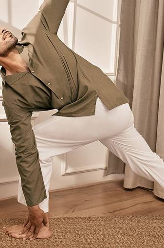 Mehendi green cotton short kurta and white palazzo set