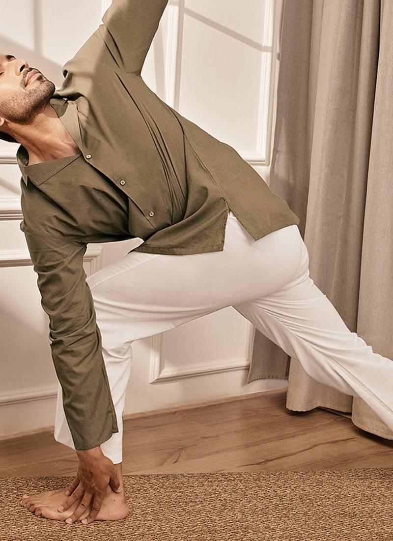 Mehendi green cotton short kurta and white palazzo set