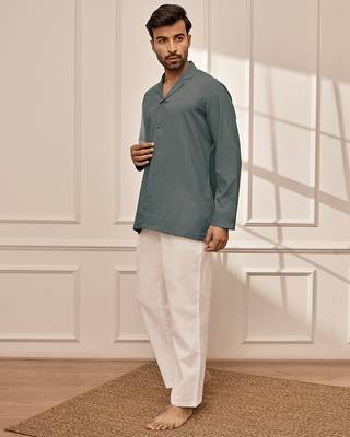 Sage green cotton short kurta with white palazzo set 4