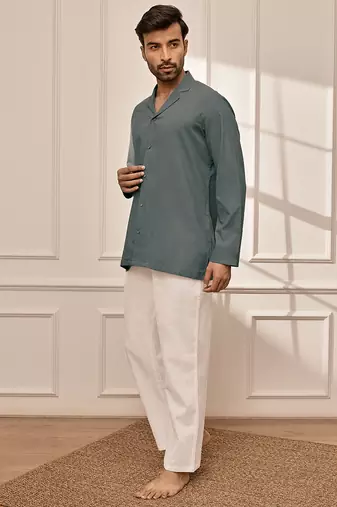 Sage green cotton short kurta with white palazzo set