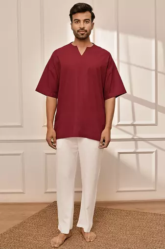 Maroon cotton kurta with white palazzo set