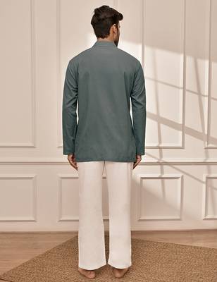 Sage green cotton short kurta with white palazzo set 5