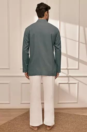 Sage green cotton short kurta with white palazzo set