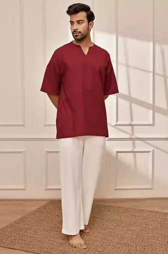 Maroon cotton kurta with white palazzo set