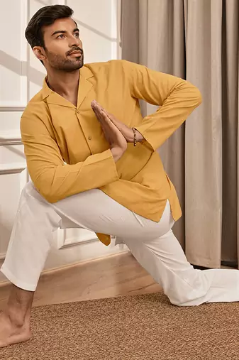 Mustard cotton short kurta and white palazzo set