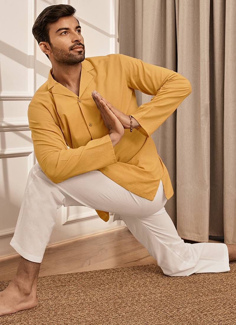 Mustard cotton short kurta and white palazzo set
