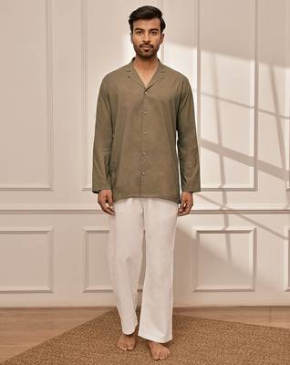 Mehendi green cotton short kurta and white palazzo set 3