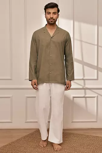 Mehendi green cotton short kurta and white palazzo set