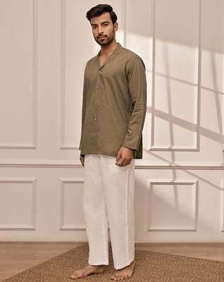 Mehendi green cotton short kurta and white palazzo set 4