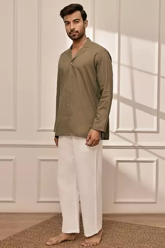 Mehendi green cotton short kurta and white palazzo set