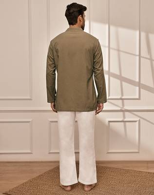 Mehendi green cotton short kurta and white palazzo set 5