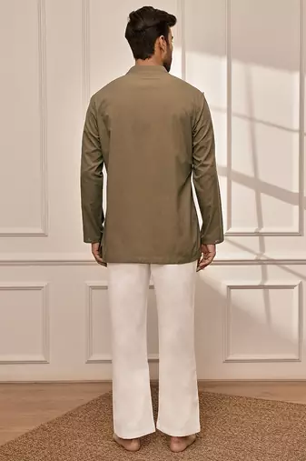 Mehendi green cotton short kurta and white palazzo set