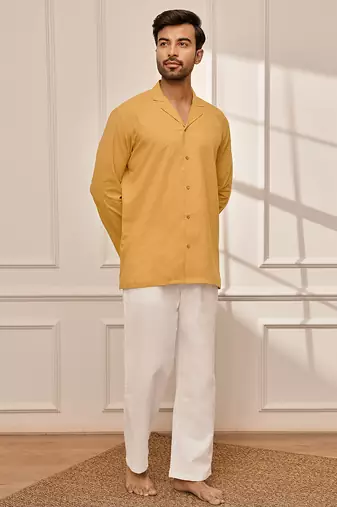 Mustard cotton short kurta and white palazzo set