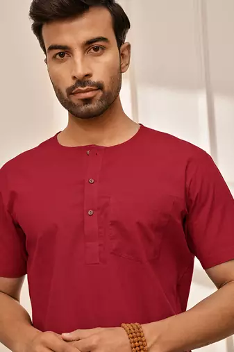 Red cotton kurta with om embroidery and white palazzo set