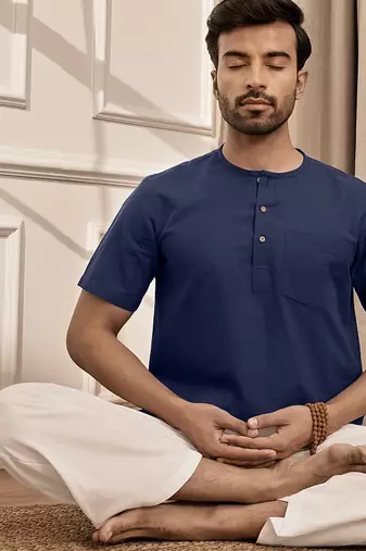 Navy blue cotton kurta with om embroidery and white palazzo set