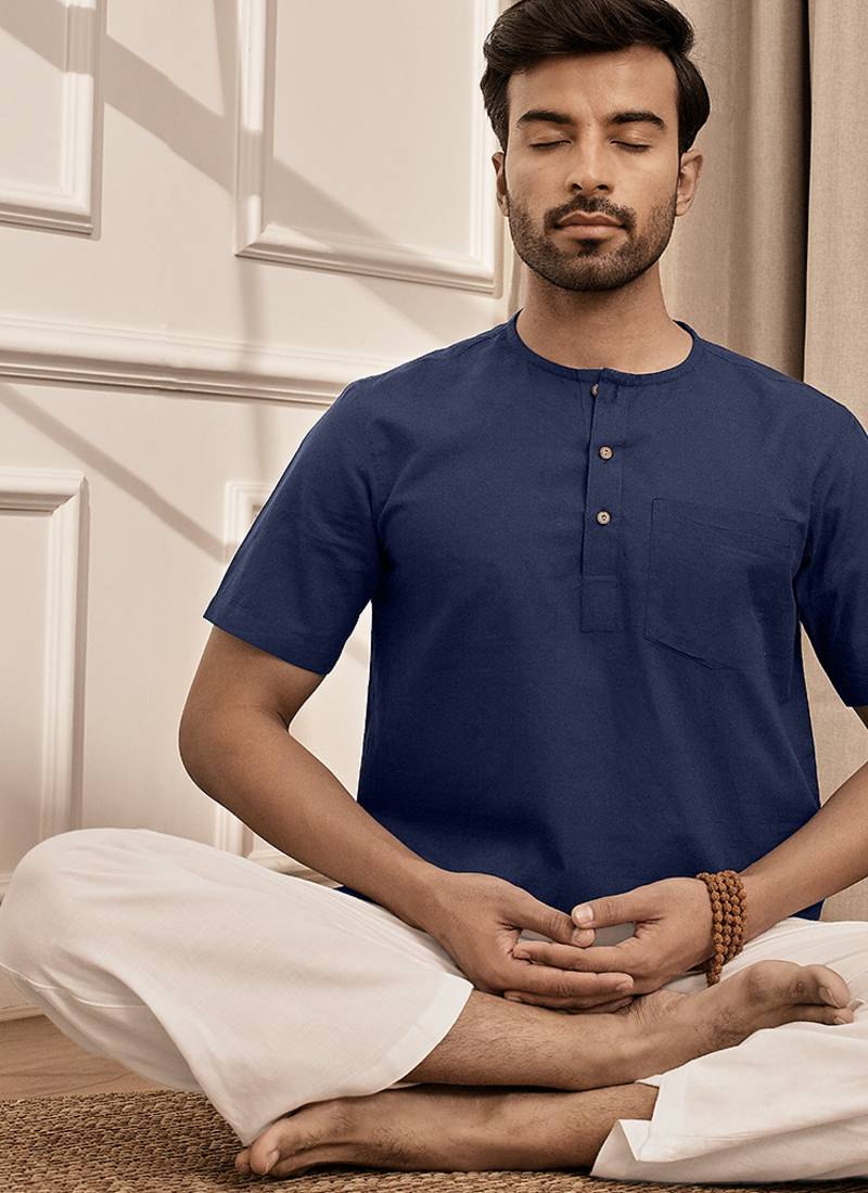 Navy blue cotton kurta with om embroidery and white palazzo set