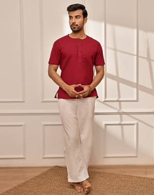 Red cotton kurta with om embroidery and white palazzo set 3