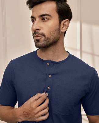 Navy blue cotton kurta with om embroidery and white palazzo set 2