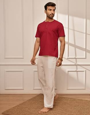 Red cotton kurta with om embroidery and white palazzo set 4