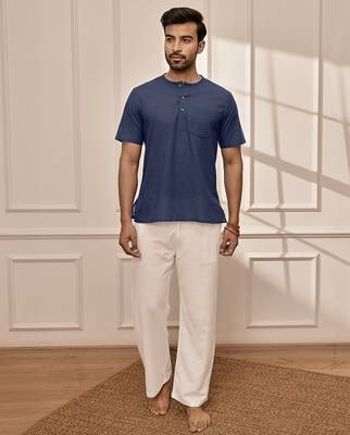Navy blue cotton kurta with om embroidery and white palazzo set 3