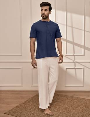Navy blue cotton kurta with om embroidery and white palazzo set 4