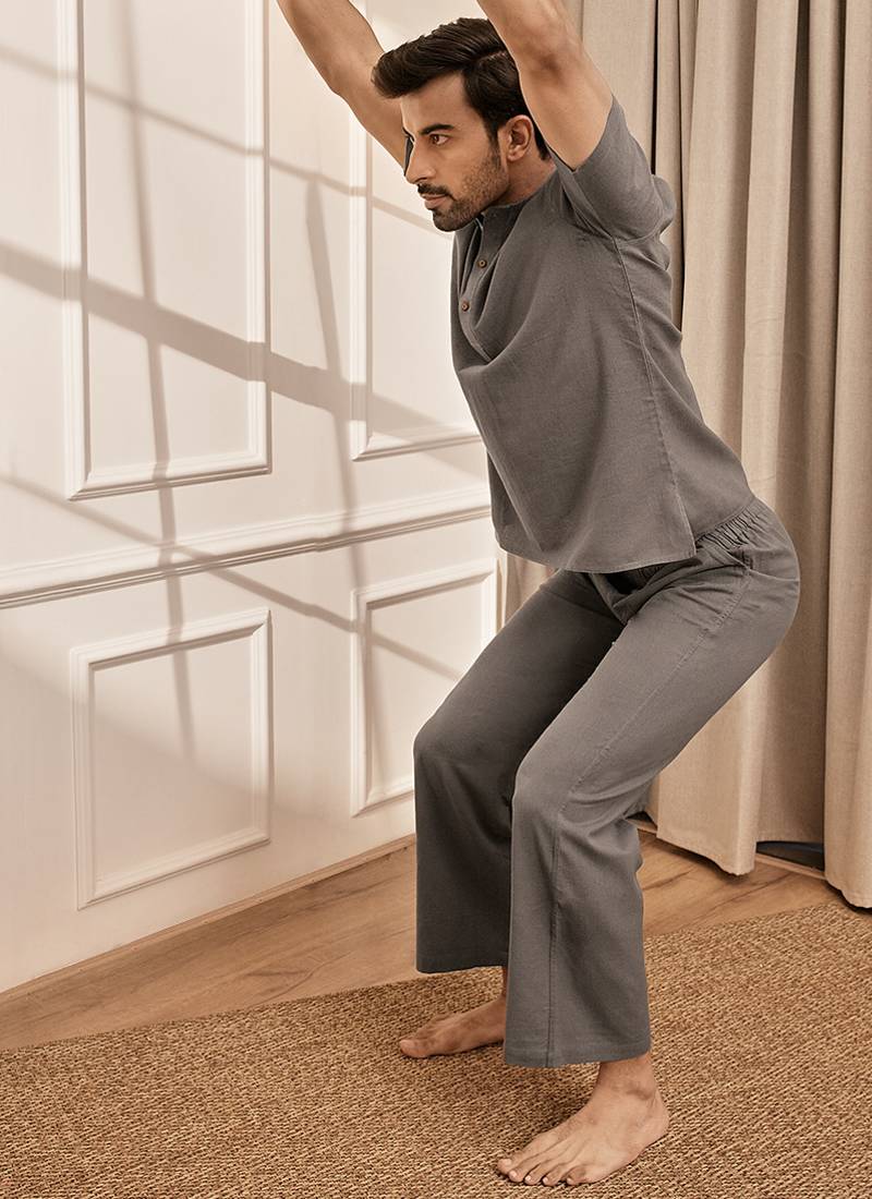 Cotton kurta palazzo set mud brown with back embroidery