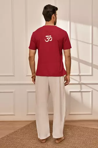 Red cotton kurta with om embroidery and white palazzo set