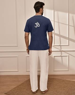 Navy blue cotton kurta with om embroidery and white palazzo set 5