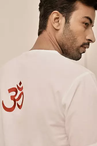 White cotton kurta with om embroidery and white palazzo set