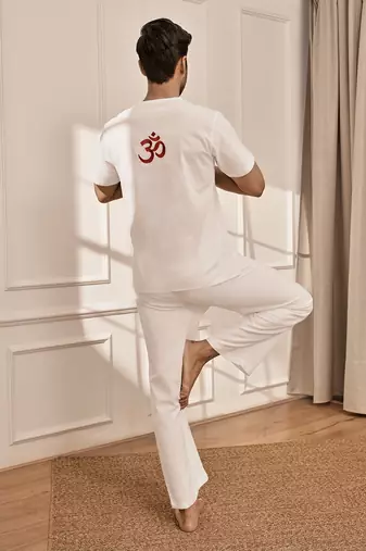 White cotton kurta with om embroidery and white palazzo set