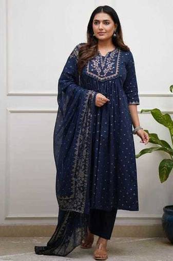 Navy Blue Embroidered Cotton Anarkali Kurta Set with Dupatta