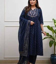 Navy Blue Embroidered Cotton Anarkali Kurta Set with Dupatta