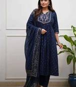 Navy Blue Embroidered Cotton Anarkali Kurta Set with Dupatta