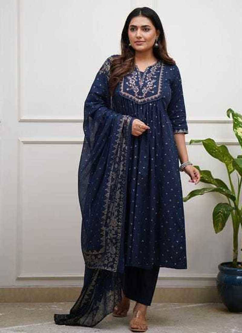 Navy Blue Embroidered Cotton Anarkali Kurta Set with Dupatta