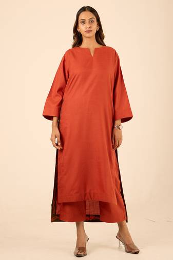 Rust thread embroidered cotton linen blend  straight fit side slit kurta plazzo set
