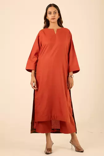 Rust thread embroidered cotton linen blend  straight fit side slit kurta plazzo set
