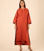 Rust thread embroidered cotton linen blend  straight fit side slit kurta plazzo set