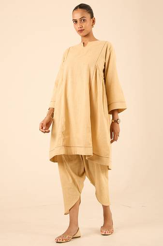 Beige thread embroidered cotton linen a-line flared kurta set