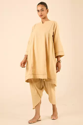 Beige thread embroidered cotton linen a-line flared kurta set