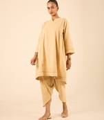 Beige thread embroidered cotton linen a-line flared kurta set