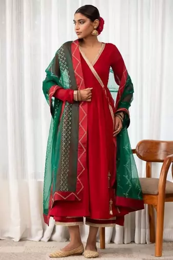 Maroon lace & zari embroidered georgette anarkali kurta plazzo & dupatta set