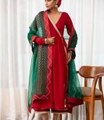 Maroon lace & zari embroidered georgette anarkali kurta plazzo & dupatta set