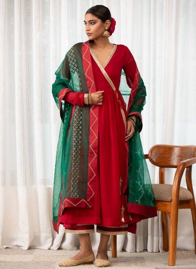 Maroon lace & zari embroidered georgette anarkali kurta plazzo & dupatta set