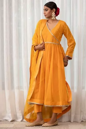 Mustard lace & zari embroidered georgette anarkali kurta plazzo & dupatta set