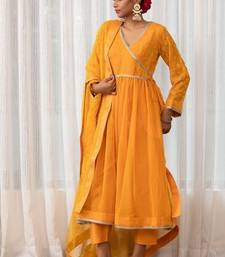 Mustard lace & zari embroidered georgette anarkali kurta plazzo & dupatta set