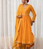 Mustard lace & zari embroidered georgette anarkali kurta plazzo & dupatta set