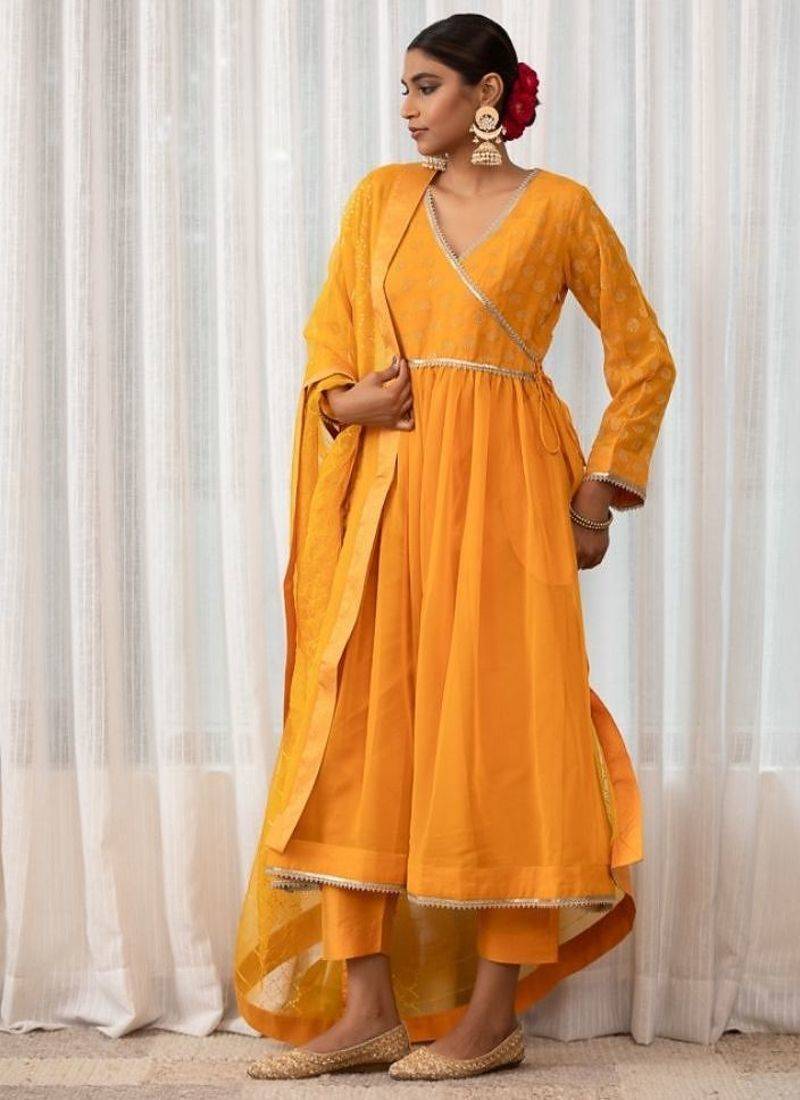 Mustard lace & zari embroidered georgette anarkali kurta plazzo & dupatta set