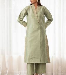 Mint green zari embroidered raw silk front open kurta plazzo set