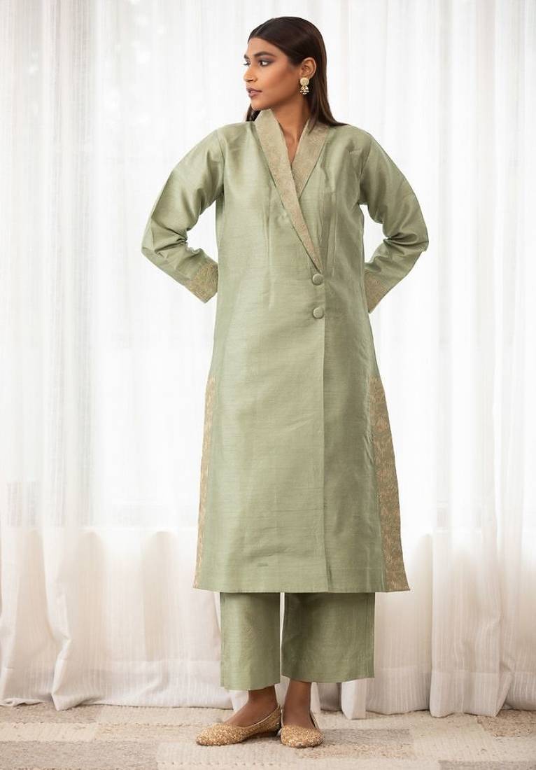 Mint green zari embroidered raw silk front open kurta plazzo set